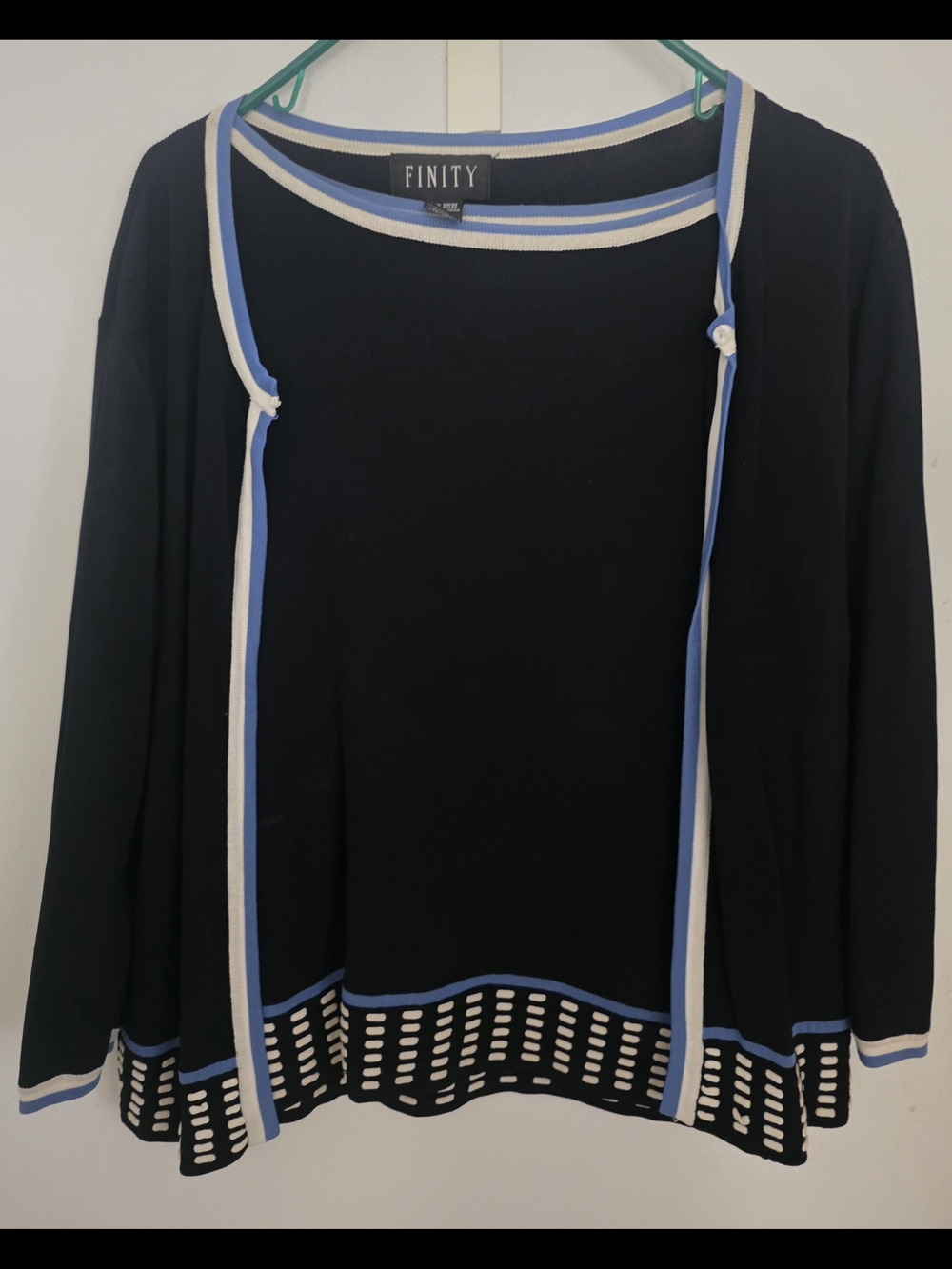 FINITY Black Cardigan Skirt Set with Blue & White Trim